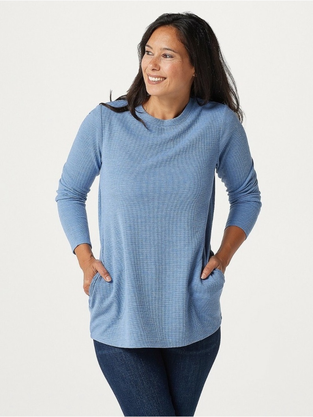 Susan Graver Weekend Waffle Knit Tunic Top Pockets Blue Medium M A383189